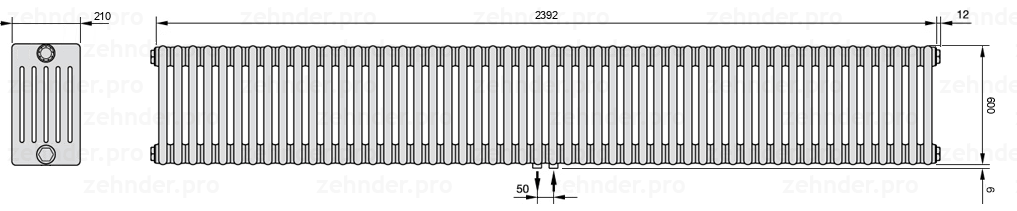 Схема (чертеж) Радиатор Zehnder Charleston 6060/52 №5410 Белый глянцевый RAL 9016